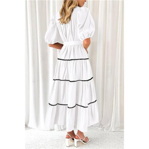 Women's Button Down Shirt Dress Short Puffy Sleeve Tiered Ruffle Flowy Long Maxi - Picture 2 of 6